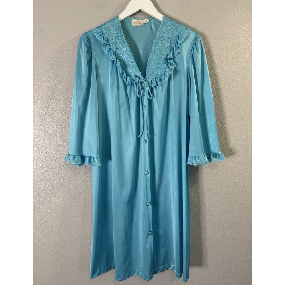 Vintage 70s JCPenney Turquoise Nylon Lace Ruffle Peignoir Robe USA S